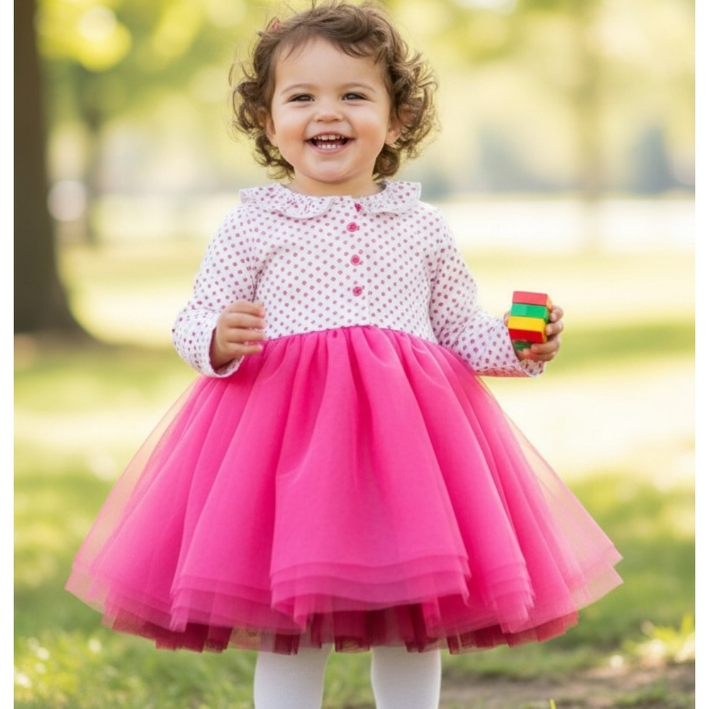 First Impressions Pink Polka Dot Tulle dress & Cardigan top set Size 24M
